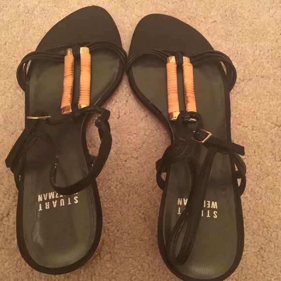 Vtg Rare STUART WEITZMAN Black Leather Strappy Brown BASKET WEAVE Heels Sandals - Picture 3 of 12